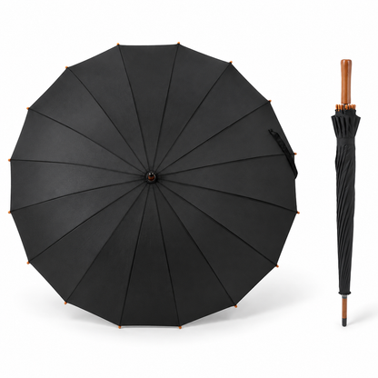 Black Straight-Handle 16-Rib Wooden Shaft Umbrella