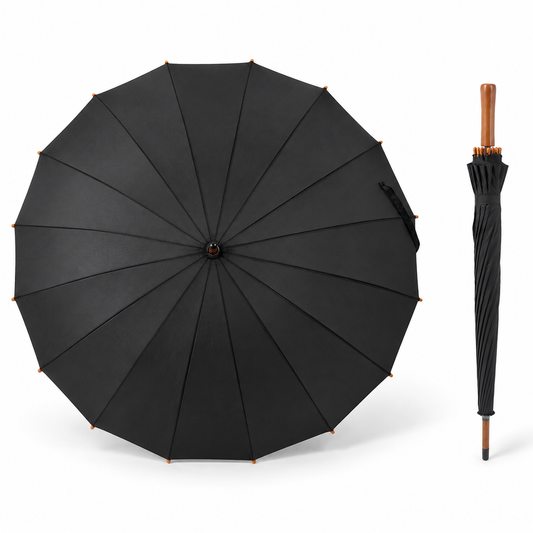 Black Straight-Handle 16-Rib Wooden Shaft Umbrella
