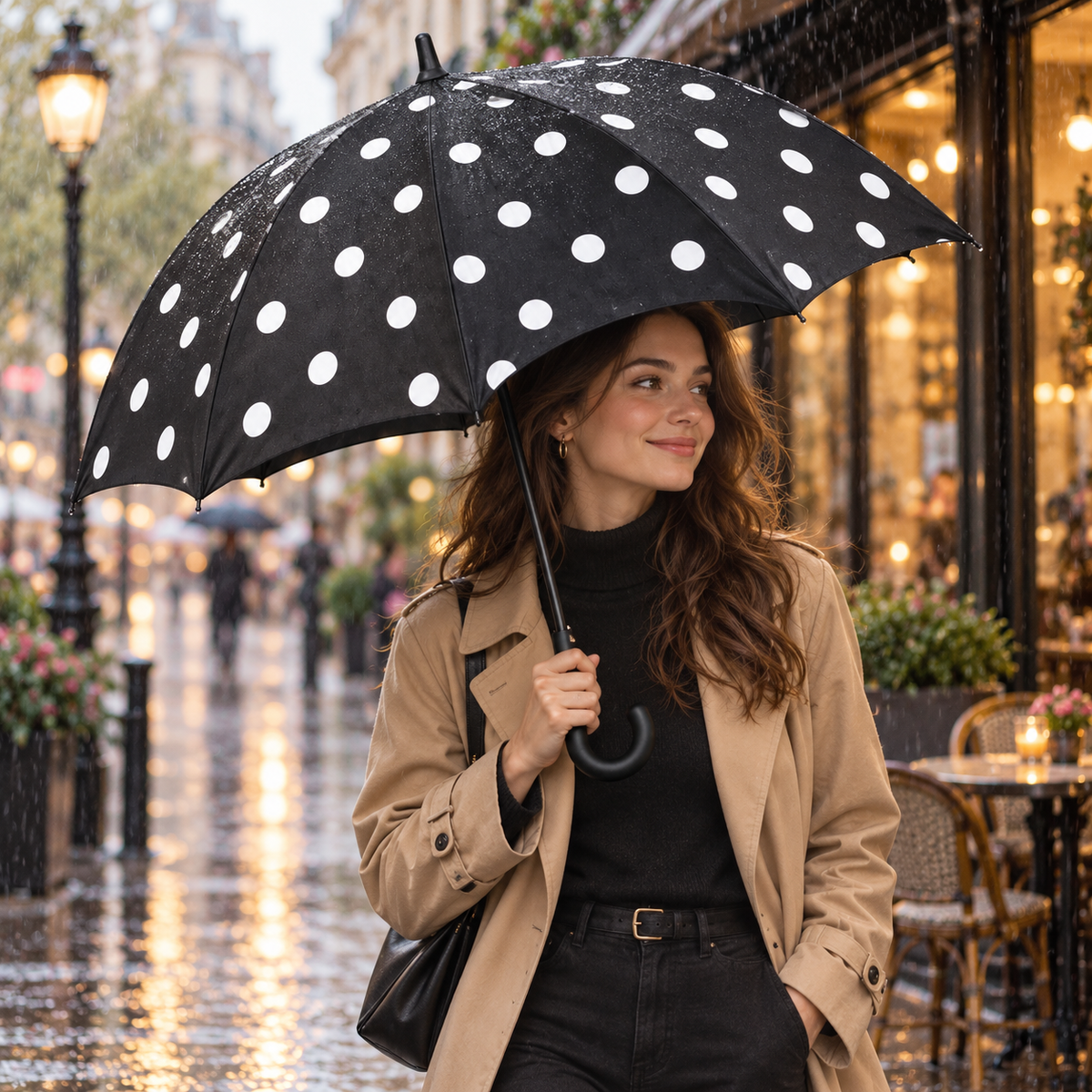 Black Curved-Handle Folding Umbrella