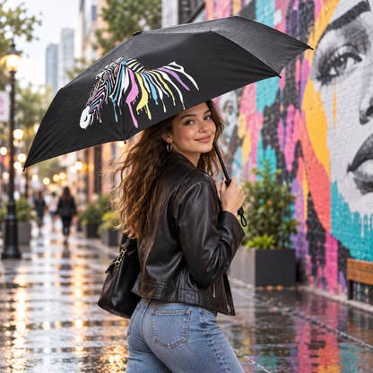 Black Water-Color-Changing Zebra Folding Umbrella