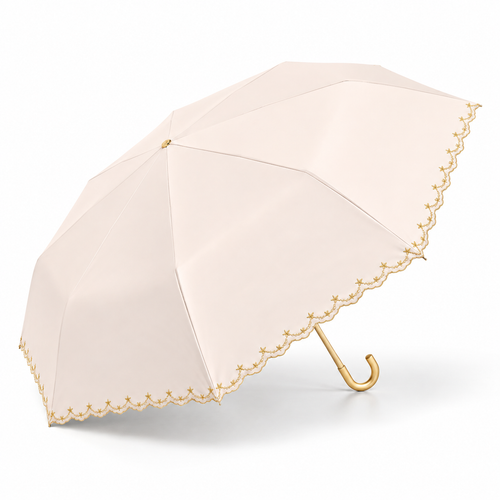 Light Pink Three-Fold Gold Curved-Handle Embroidered Star Umbrella