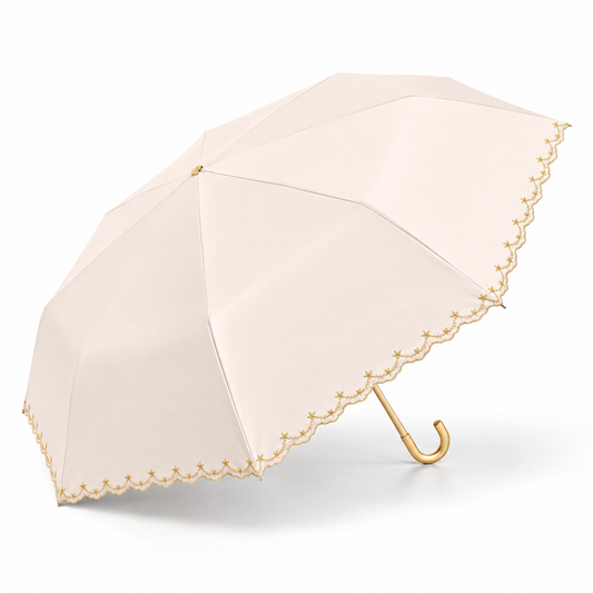 Light Pink Three-Fold Gold Curved-Handle Embroidered Star Umbrella