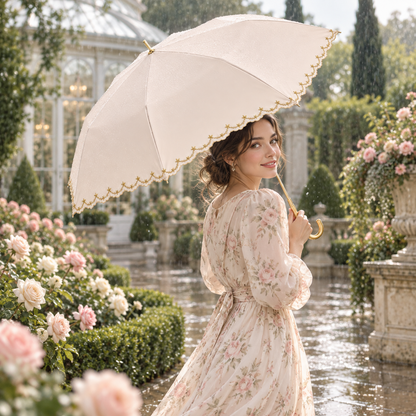 Light Pink Three-Fold Gold Curved-Handle Embroidered Star Umbrella