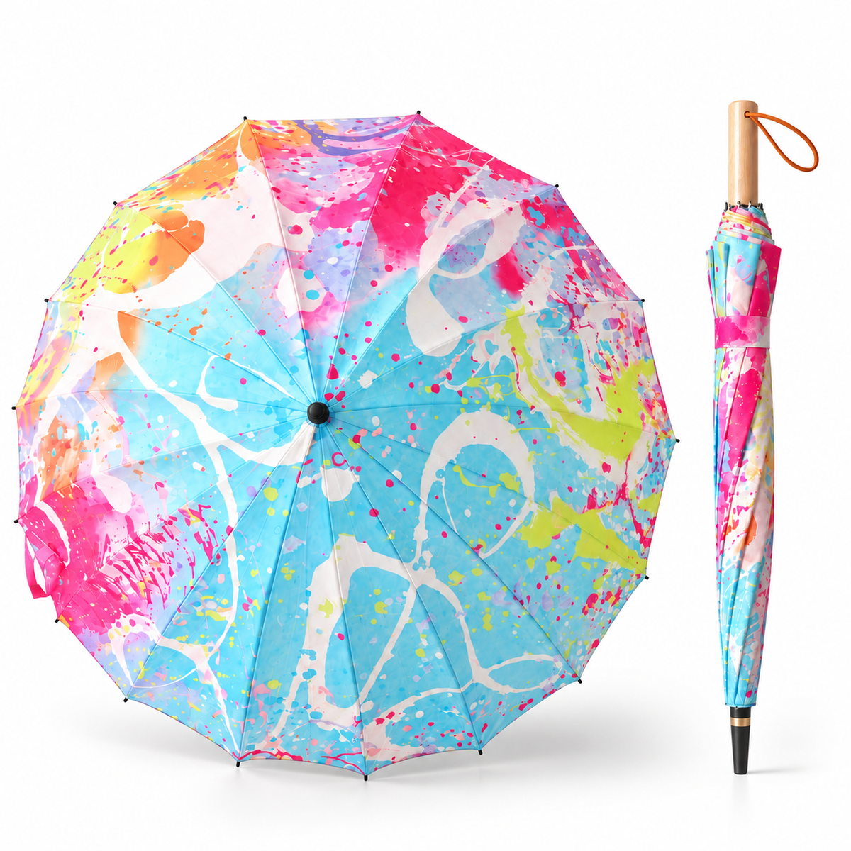 Colorful Oil Painting 16-Rib Long-Handle Umbrella