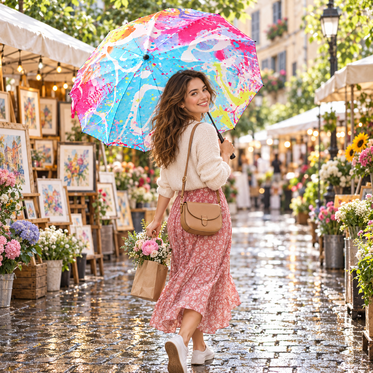 Colorful Oil Painting 16-Rib Long-Handle Umbrella