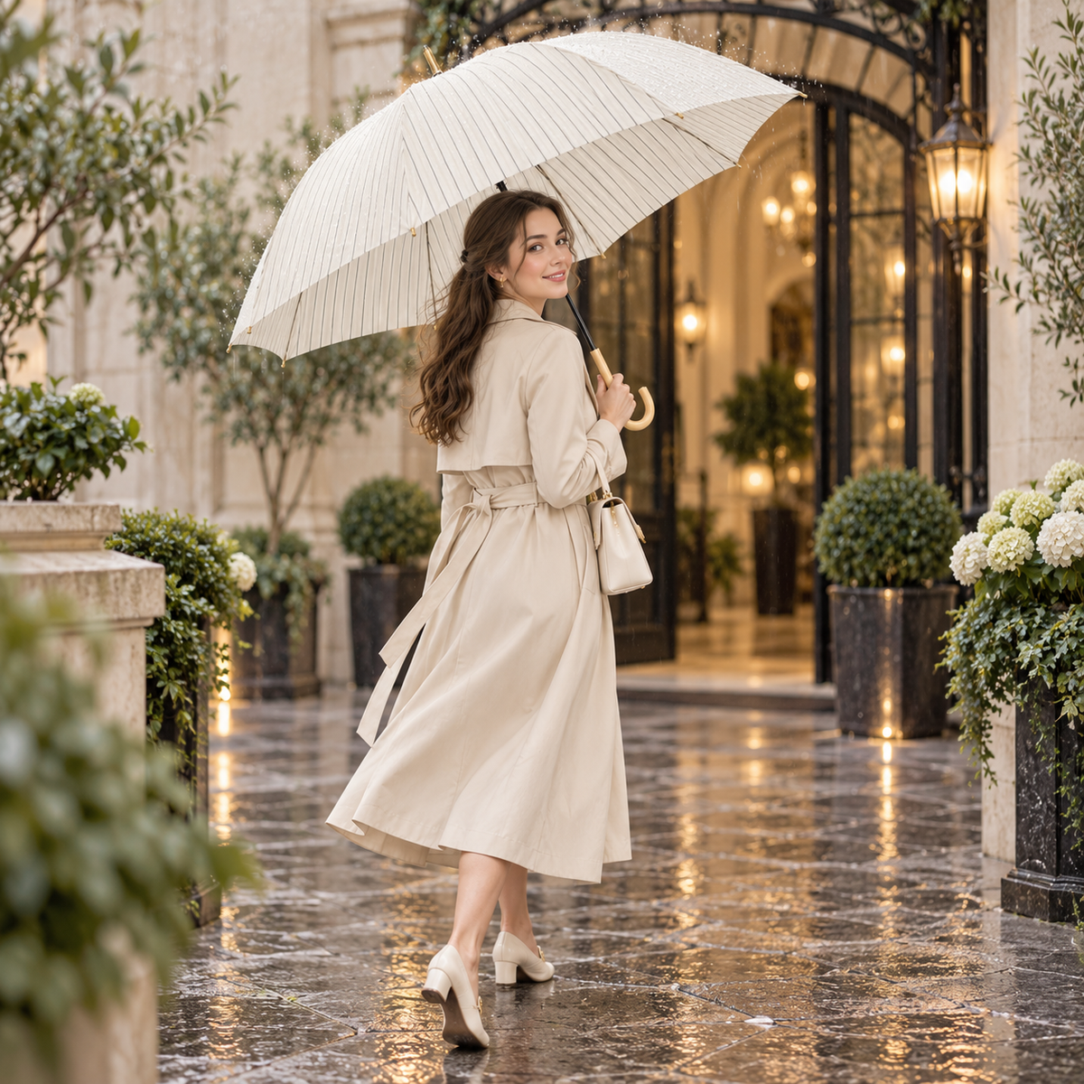 Cream Striped Curved Wooden Handle Long Umbrella