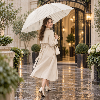Cream Striped Curved Wooden Handle Long Umbrella