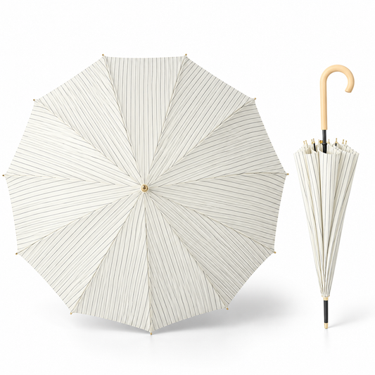 Cream Striped Curved Wooden Handle Long Umbrella