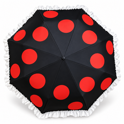 Red Polka Dot Three-Fold Ring-Handle Ruffle Umbrella