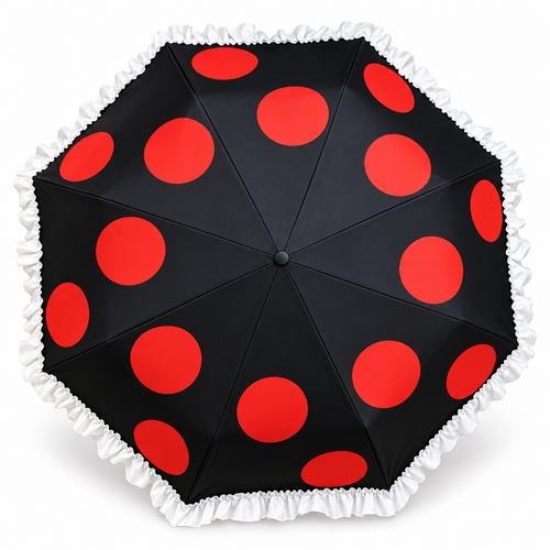 Red Polka Dot Three-Fold Ring-Handle Ruffle Umbrella