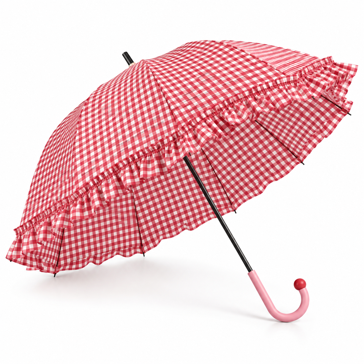 Rich Red Long-Handle Color-Coated Digital Print Plaid Ruffle Umbrella