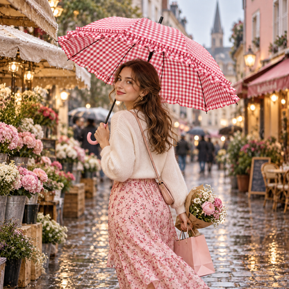 Rich Red Long-Handle Color-Coated Digital Print Plaid Ruffle Umbrella